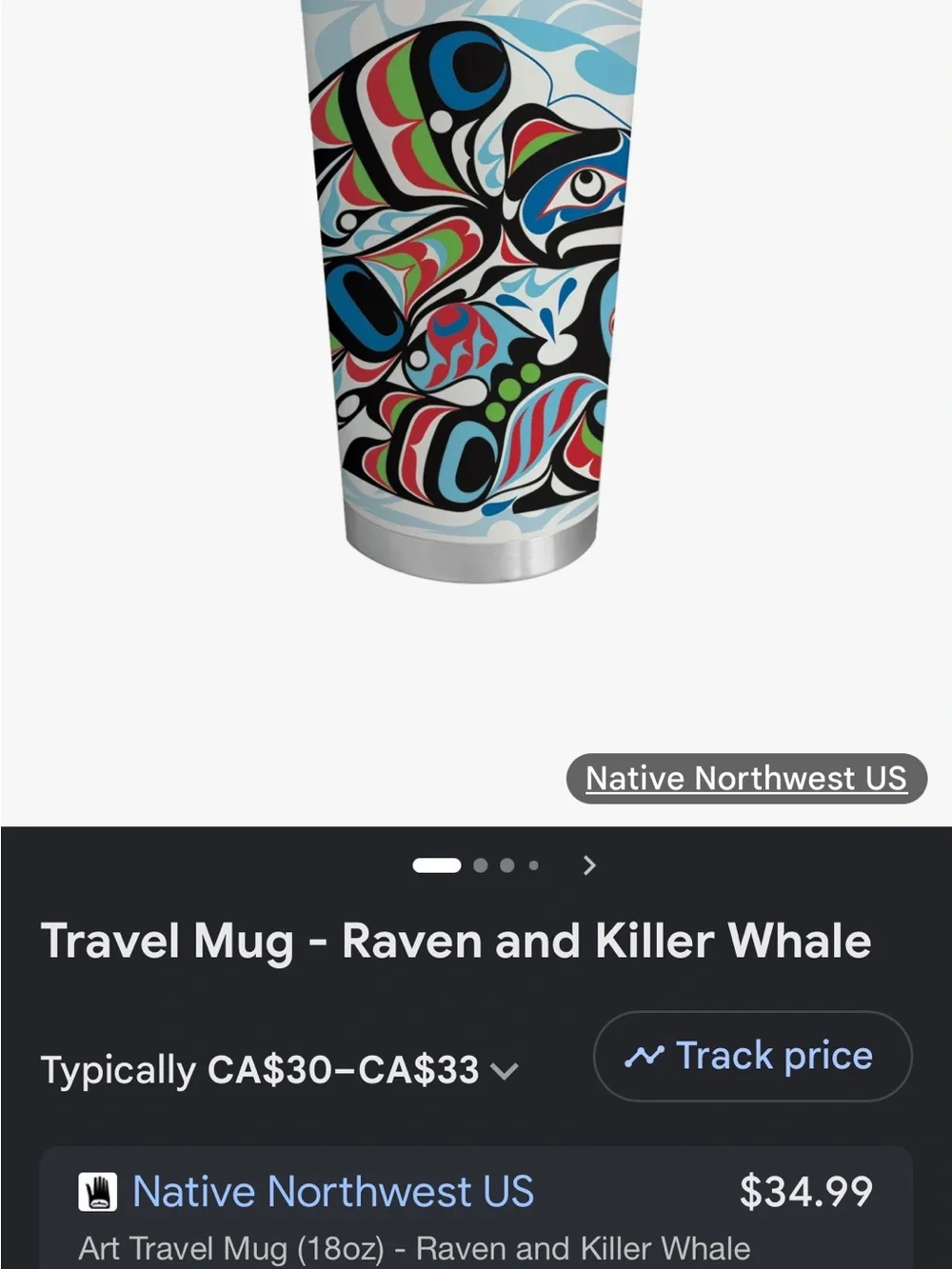 Travel Tumbler with Blue Lid and Multicolor Kwakiutl Art